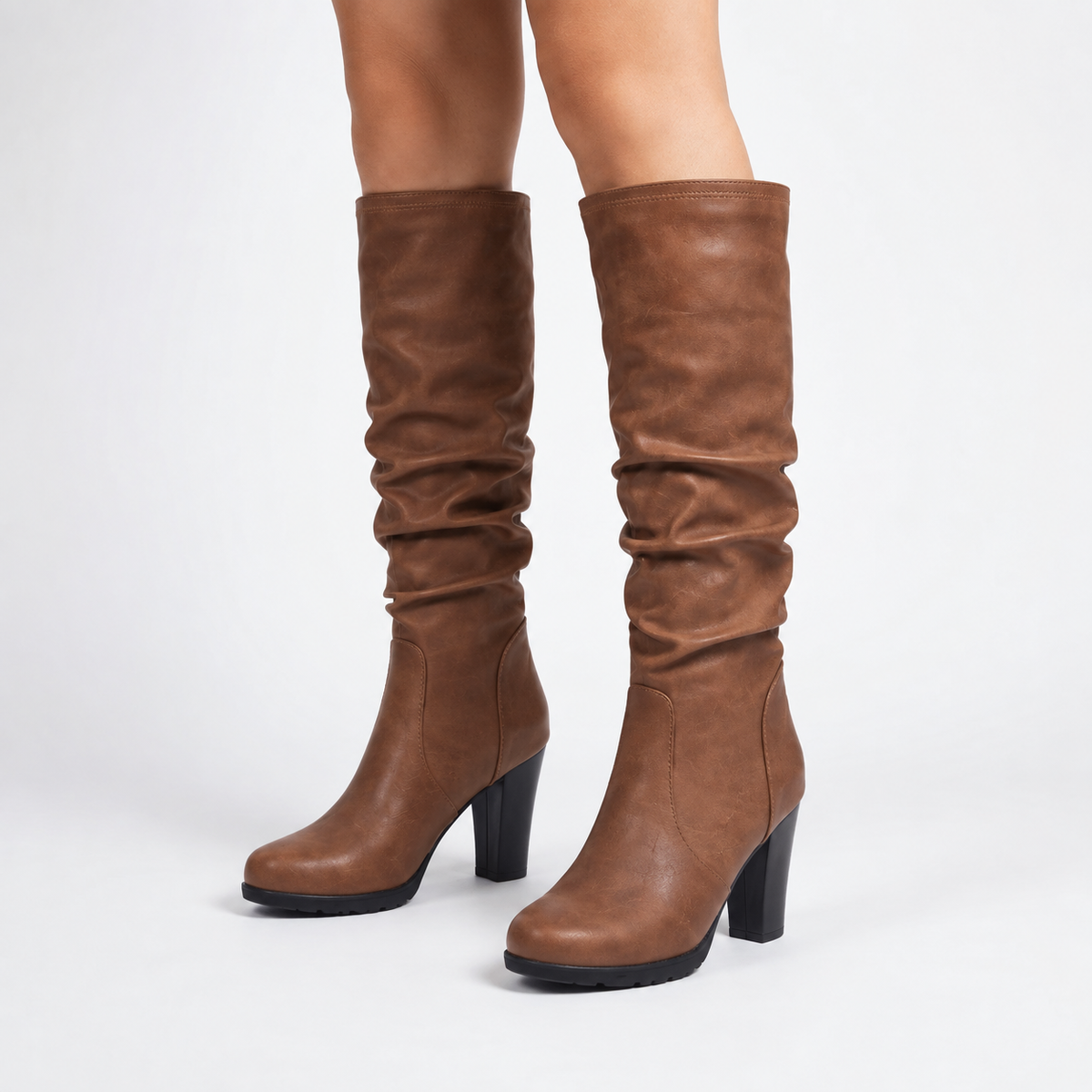 Brown Heeled Leather Knee High Boots with Stilleto Heel