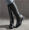 Classic Leather Knee High Boots with Buckle Strap and Block Heel