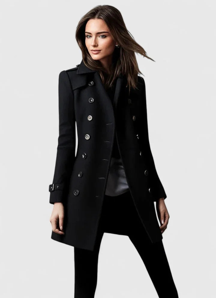 Women's double-breasted notch lapel wool coat with shoulder epaulets