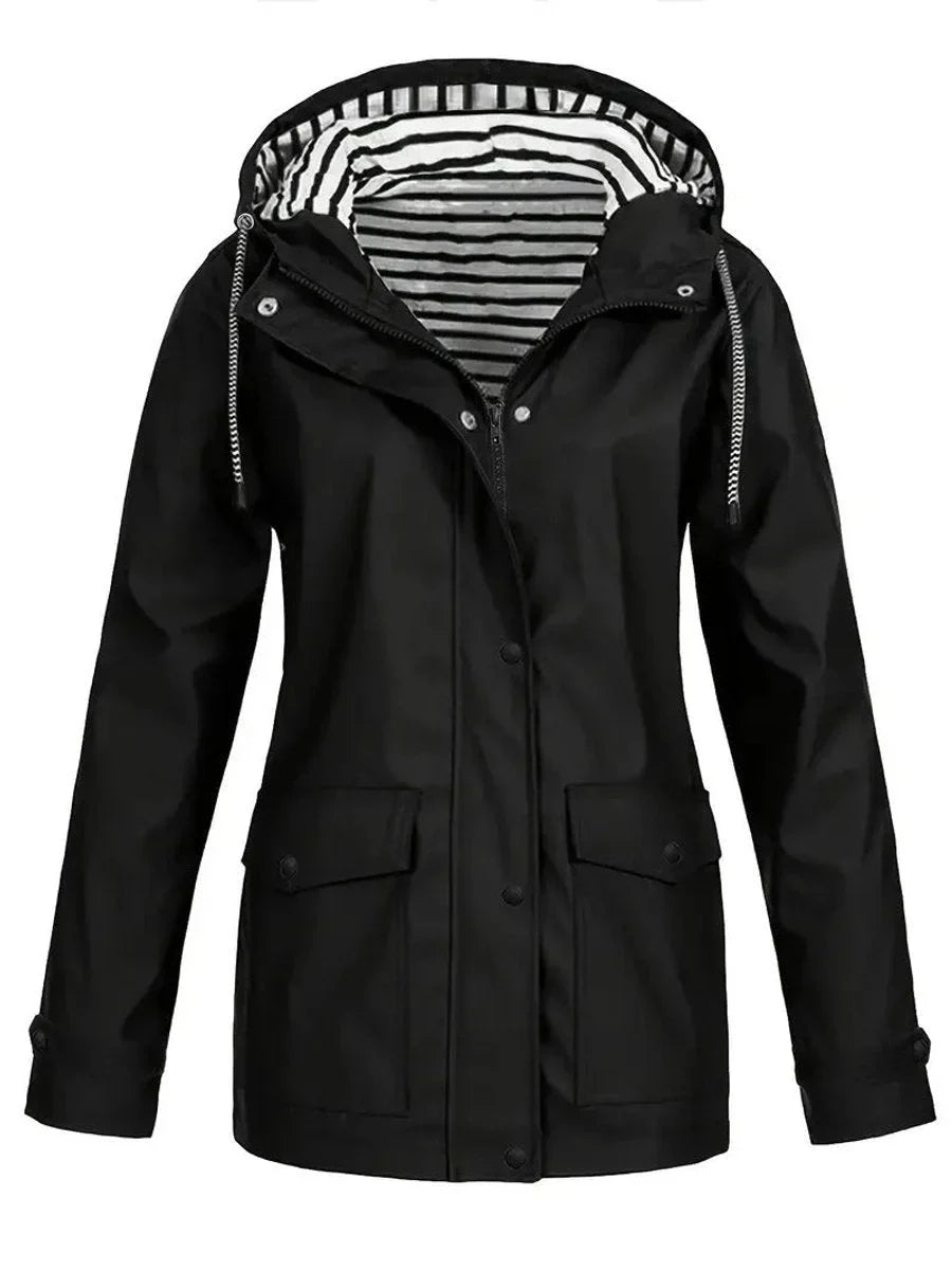 Women's Hooded Striped-Lined Zip-Up Waterproof Rain Coat
