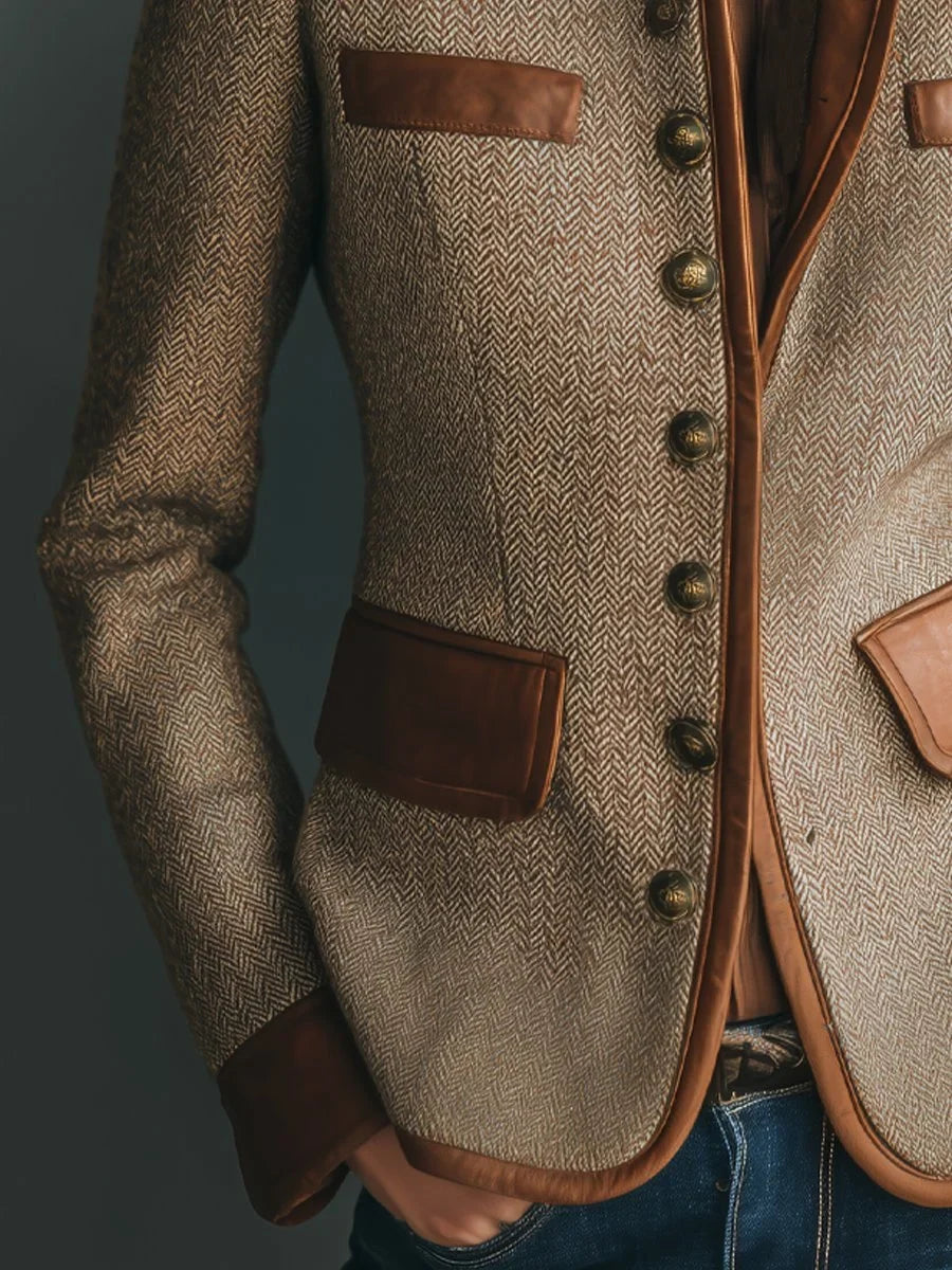 Women's Vintage Herringbone Tweed Leather-Trim Button-Front Jacket